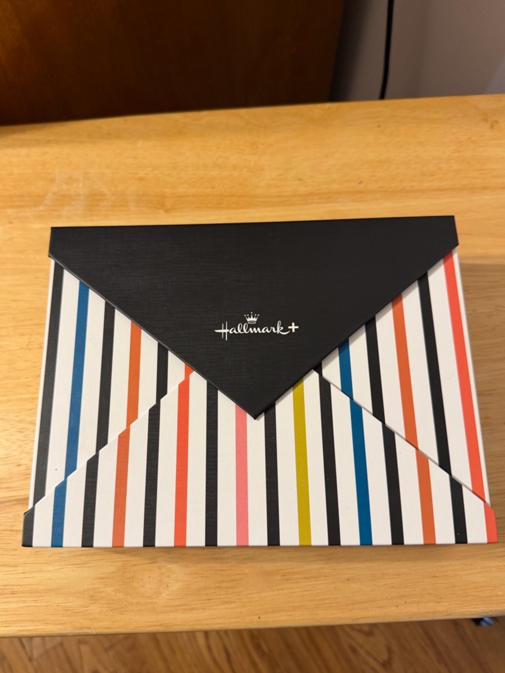 Hallmark+ Black Flap Striped Card Box with Multicolored Stripes